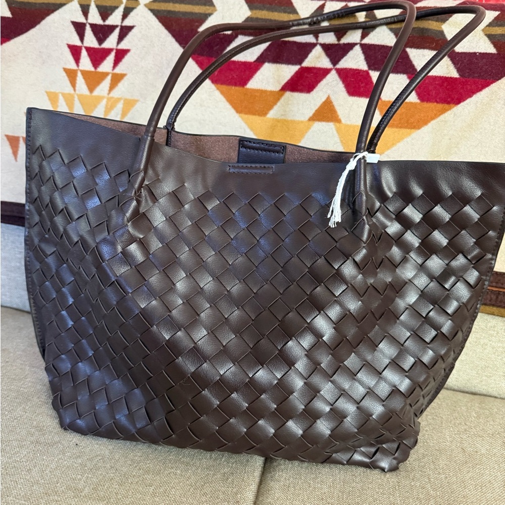 Melie Bianco Vegan Brown Woven Tote Purse NWT